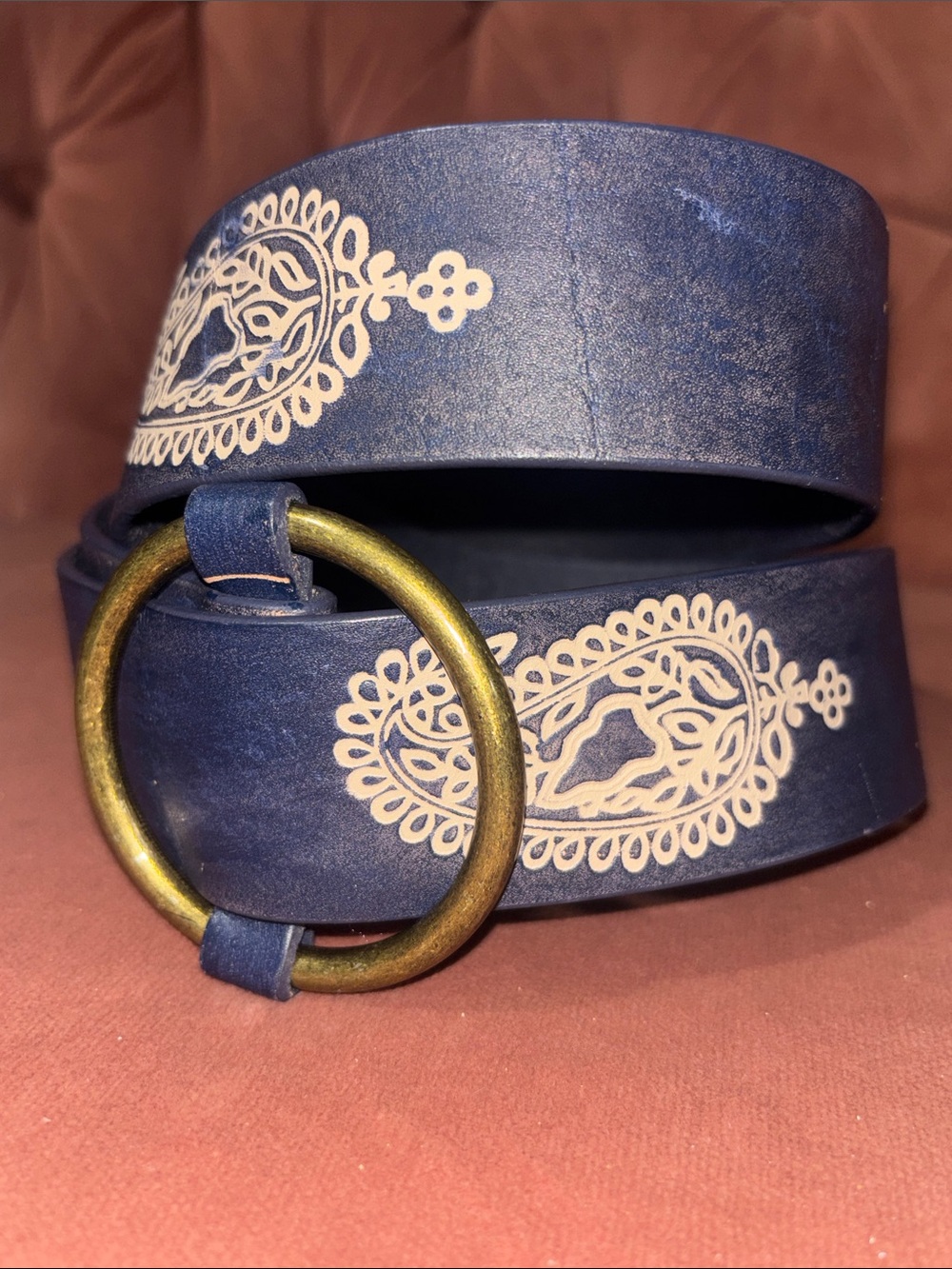 Gap belt blue leather paisley embossed y/k belt brass buckle women’s small